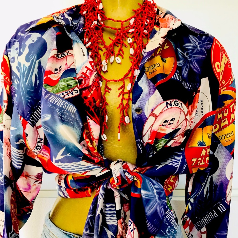 VINTAGE 80s HAWAIIAN Travel Print Silk BIG SHIRT M